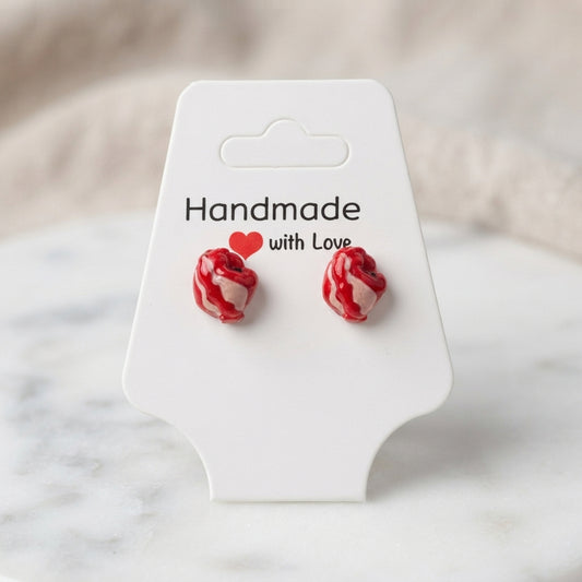 Earrings - Red & White -  Anatomical Heart - Studded - Handmade