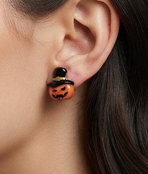 Earrings - Jack O' Lantern - Studded - Handmade - Black or Orange