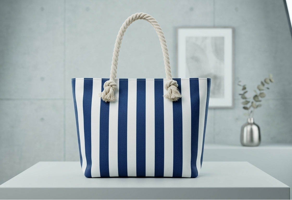 Navy and White Striped Tote Bag Beach Bag with Rope Straps
