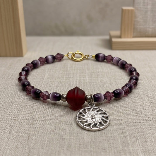 Bracelet - Hand Crafted - Sun Charm - Deep Plum - Cat Eye Glass Beads - Clasp Closure - 7"