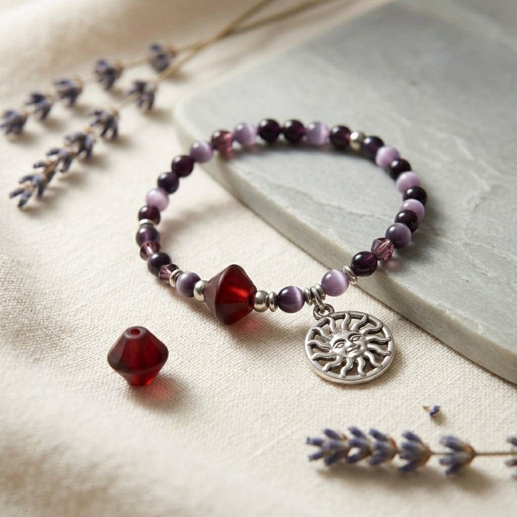 Bracelet - Hand Crafted - Sun Charm - Deep Plum - Cat Eye Glass Beads - Clasp Closure - 7"