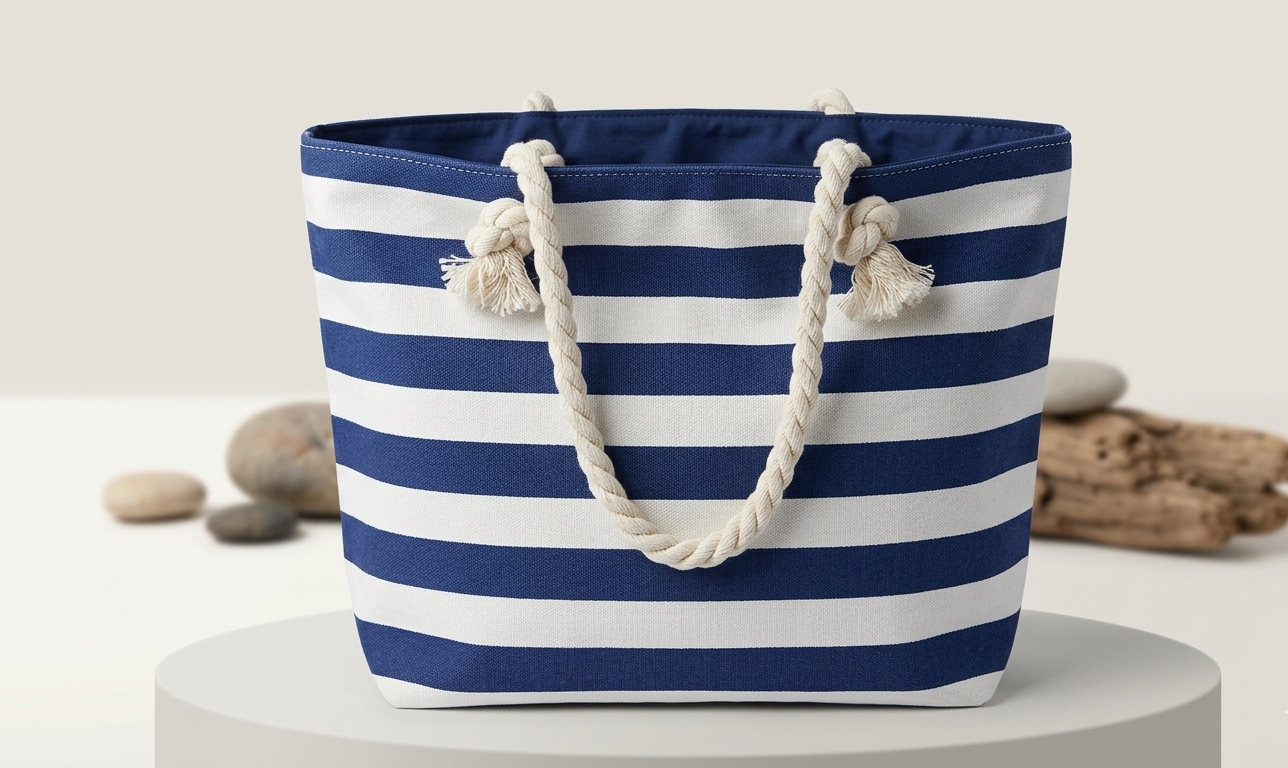 Navy and White Striped Tote Bag Beach Bag with Rope Straps