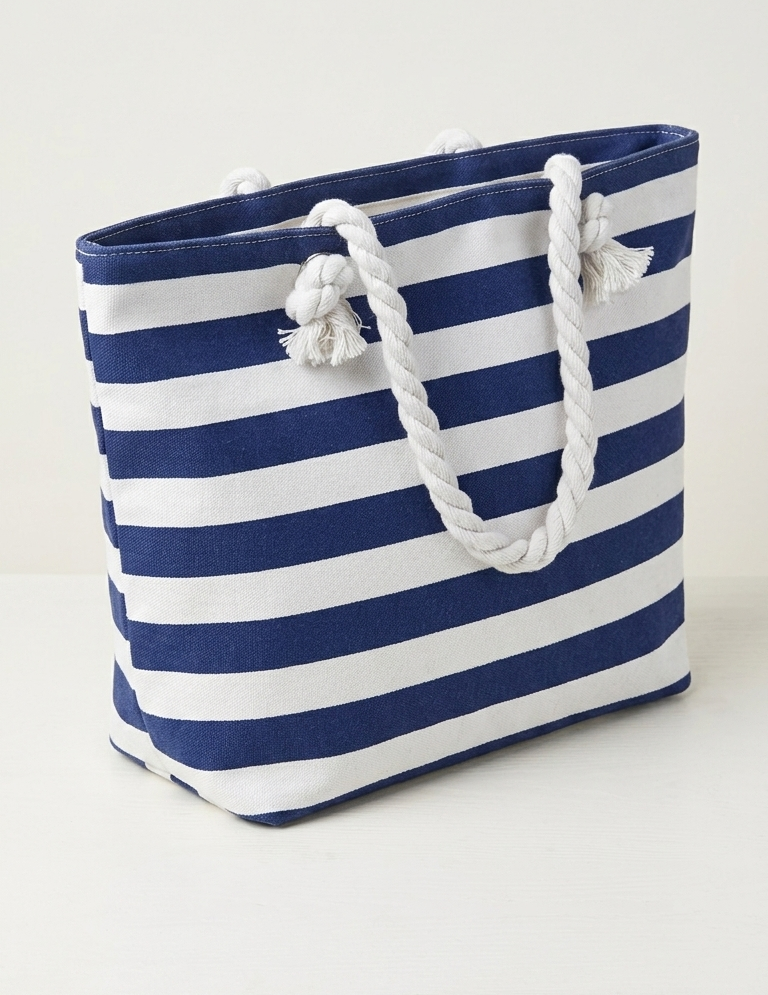 Navy and White Striped Tote Bag Beach Bag with Rope Straps