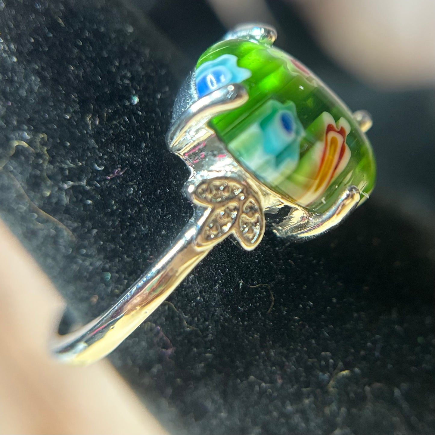 Ring - Size 9.5 - Green Murano with Millefiori Design
