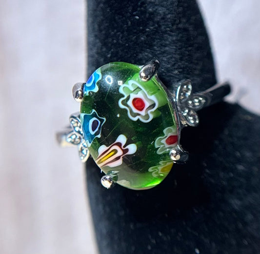 Ring - Size 9.5 - Green Murano with Millefiori Design