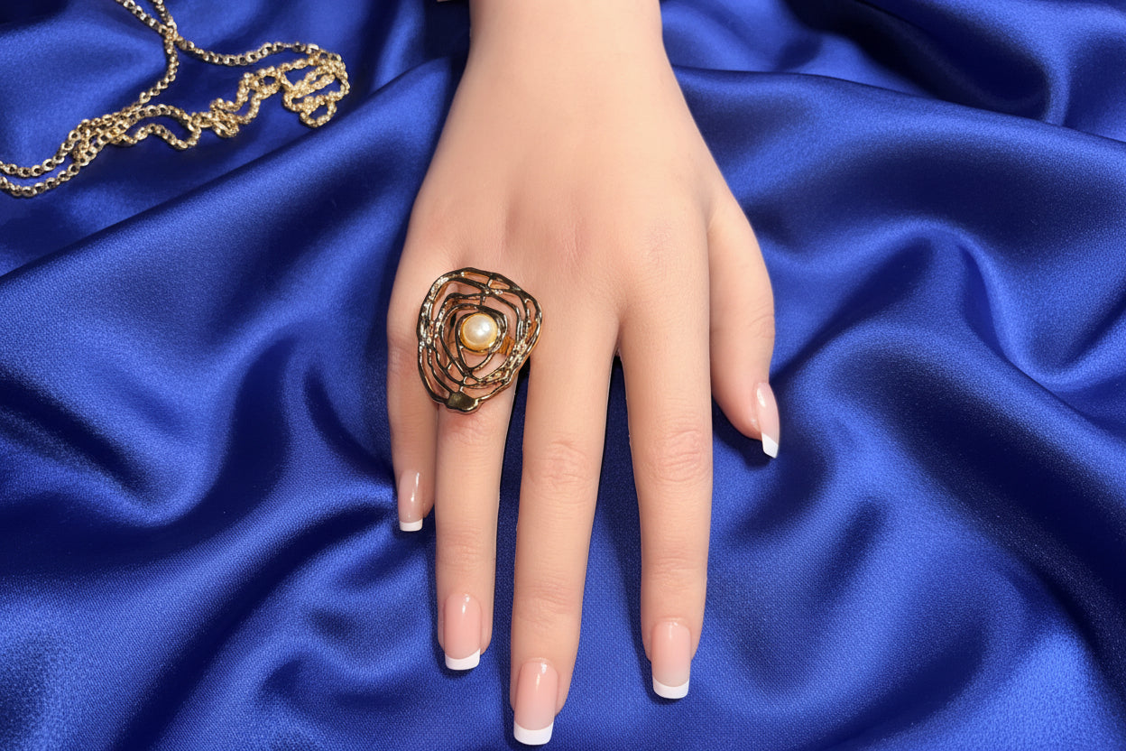 Ring - Abstract Swirl Gold Tone Statement with Center Pearl
