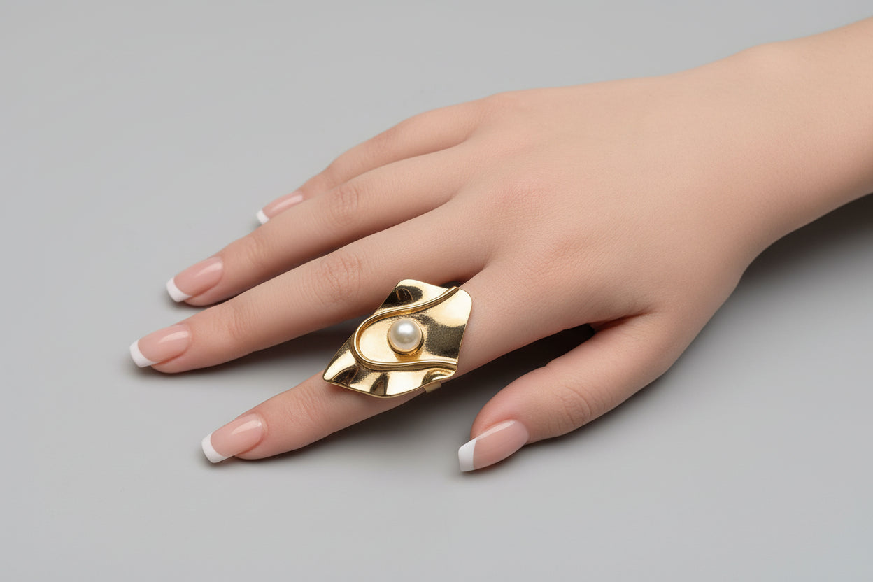 Ring - Large Abstract Gold Tone Statement with White Pearl
