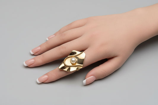 Ring - Large Abstract Gold Tone Statement with White Pearl