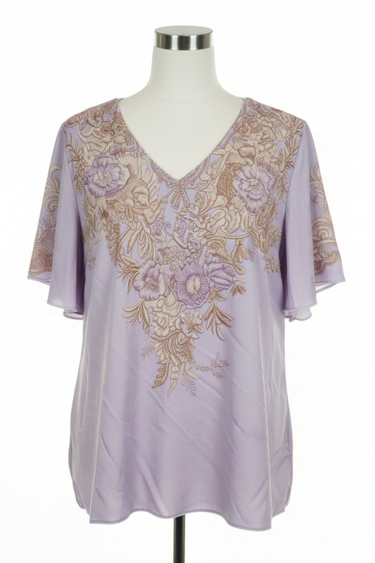 Blouse - Lilac Color with Faux Embroidery Floral - V-Neck - Short Sleeve - Size XL