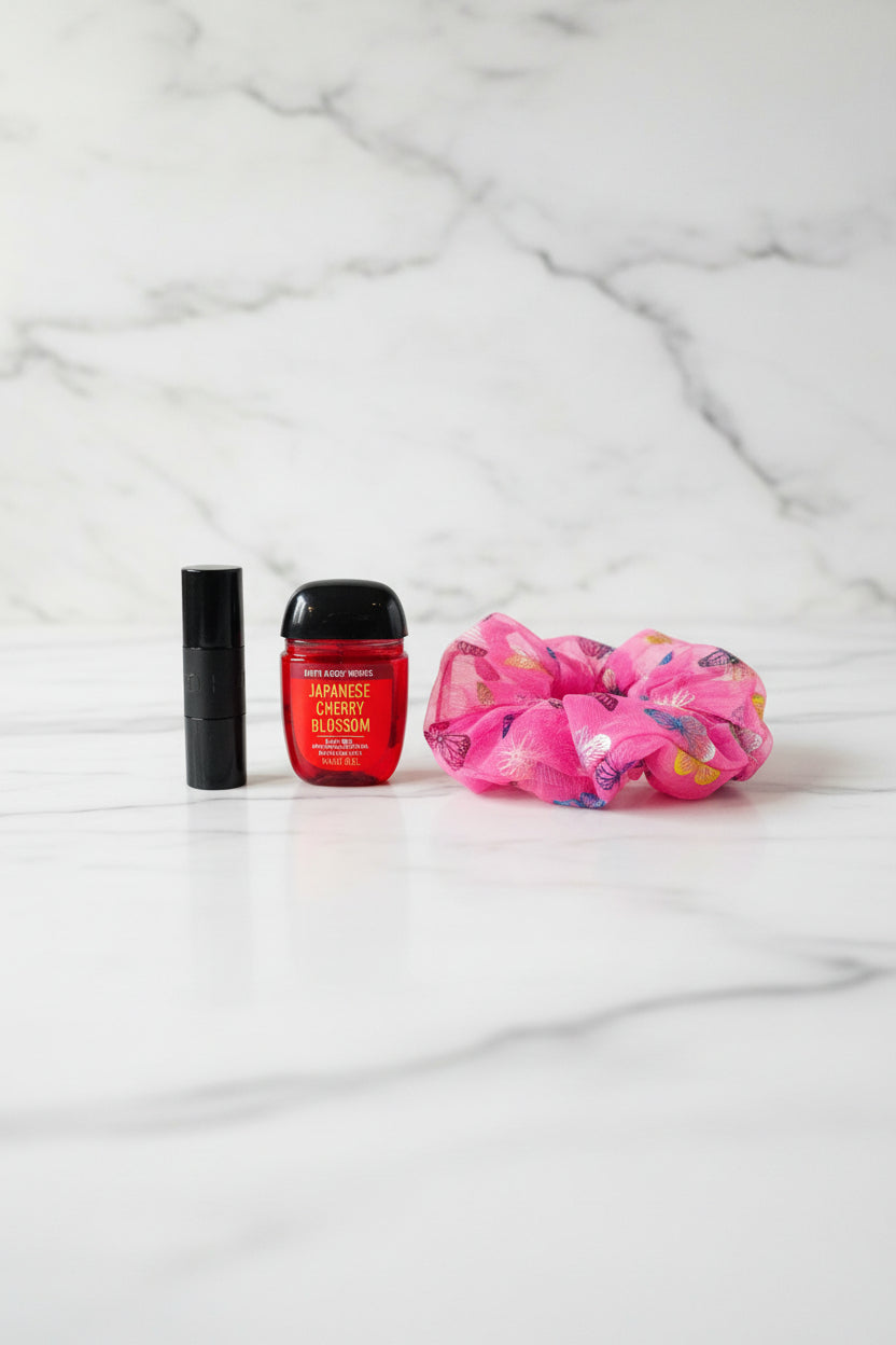 Hand Sanitizer - Japanese Cherry Blossom - with Pink Butterfly Scrunchie & Sephora Lipstick In Excessively Good