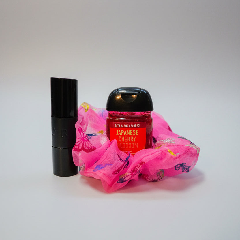 Hand Sanitizer - Japanese Cherry Blossom - with Pink Butterfly Scrunchie & Sephora Lipstick In Excessively Good