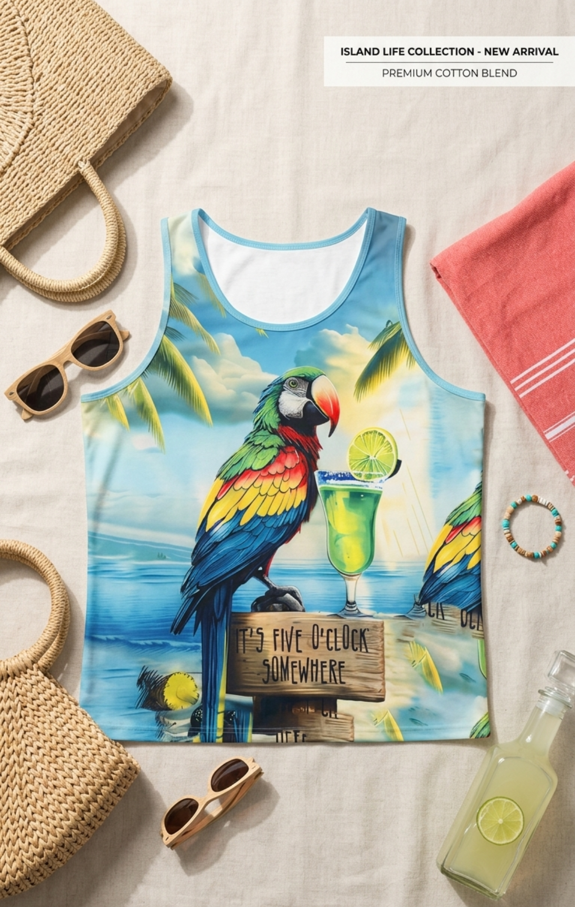 Tank Top - It's 5 O'Clock Somewhere - Parrot - Tropical - Size 2X - BONUS: Bracelet Included