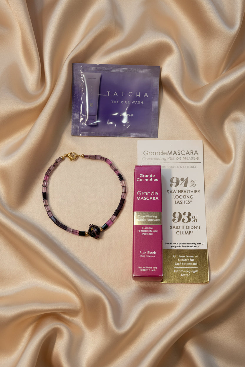 Makeup Set - 3 Piece Set - Grande Mascara Rich Black - Tatcha Face Cleanser - a Delicate Handmade Bracelet