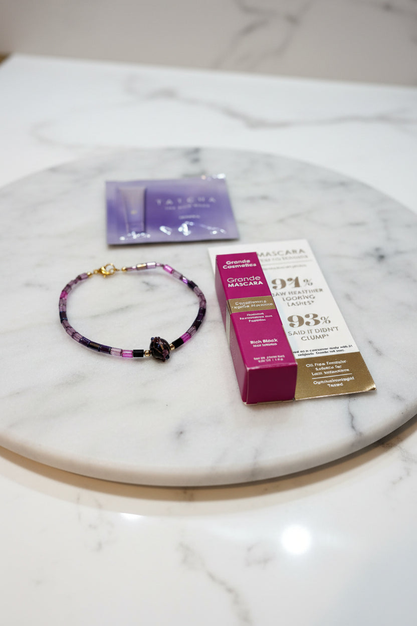 Makeup Set - 3 Piece Set - Grande Mascara Rich Black - Tatcha Face Cleanser - a Delicate Handmade Bracelet