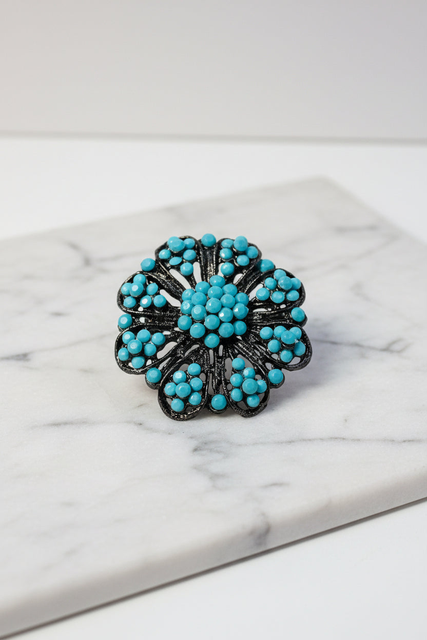 Brooch - Vintage - Turquoise Beads on a Dark Metal Filigree Design