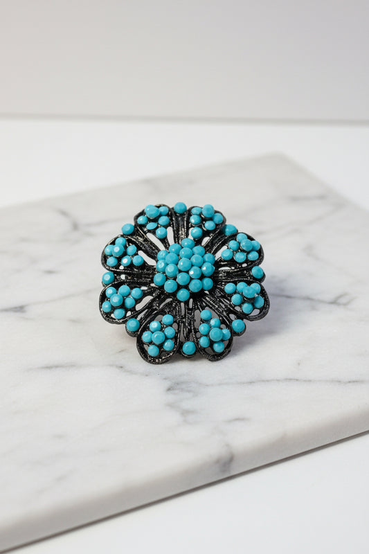 Brooch - Vintage - Turquoise Beads on a Dark Metal Filigree Design