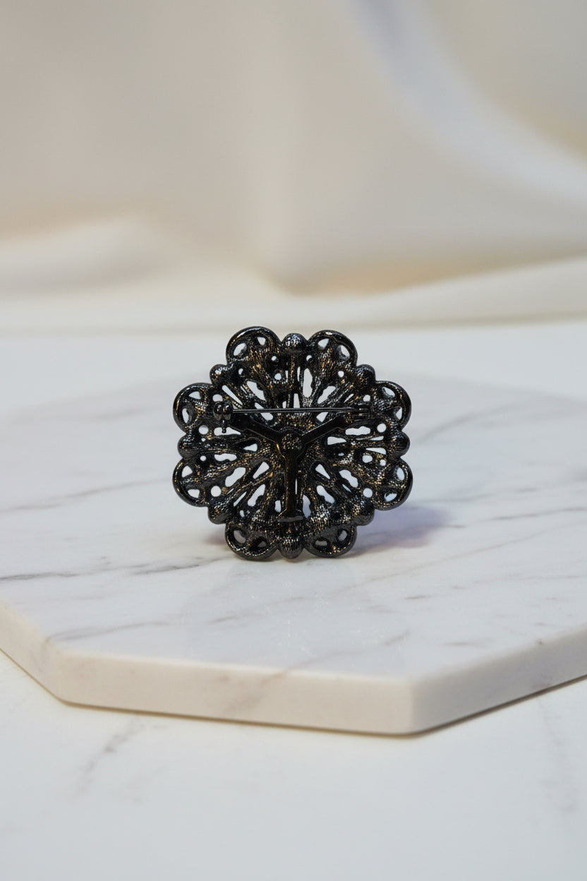 Brooch - Vintage - Turquoise Beads on a Dark Metal Filigree Design