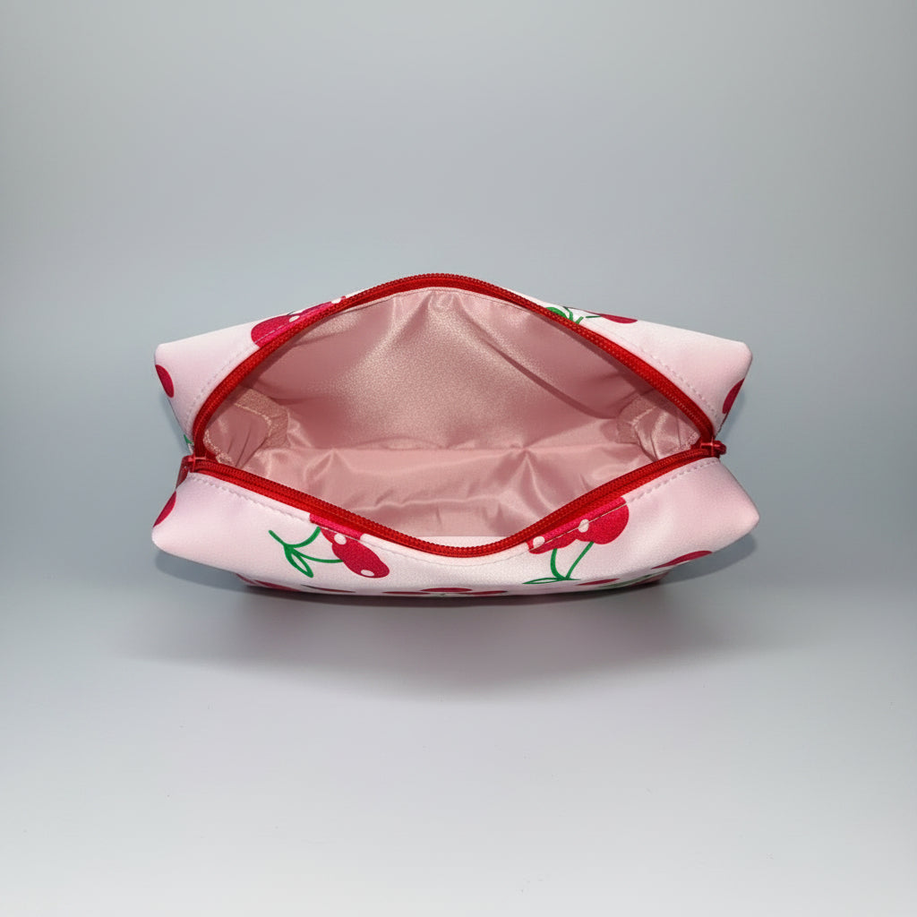 Makeup Bag - Satin Pink with Glitter Cherries -  Knitted Cherry Tassel Zipper Pull