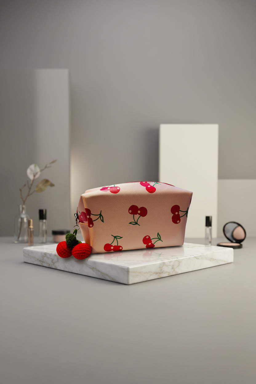 Makeup Bag - Satin Pink with Glitter Cherries -  Knitted Cherry Tassel Zipper Pull