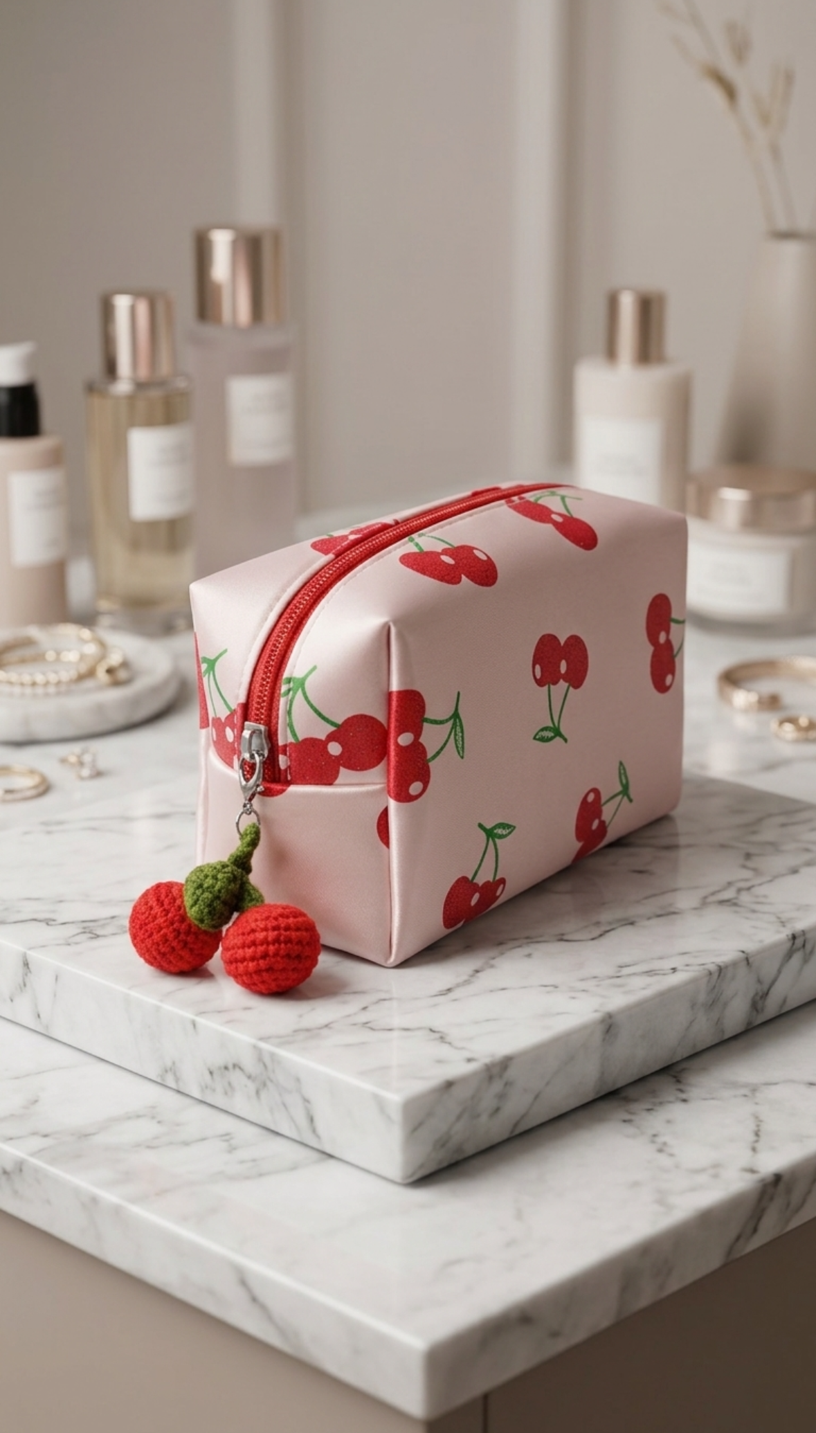Makeup Bag - Satin Pink with Glitter Cherries -  Knitted Cherry Tassel Zipper Pull