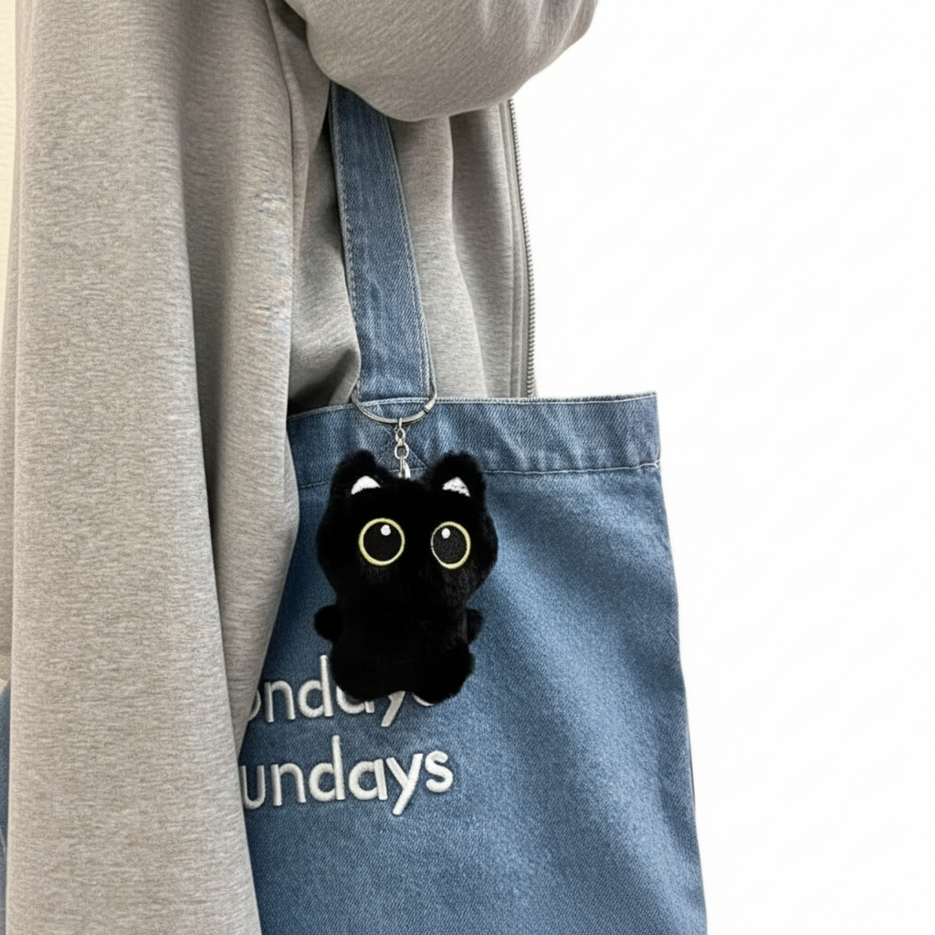 Keychain - Black Plush Cat - Bag Clip