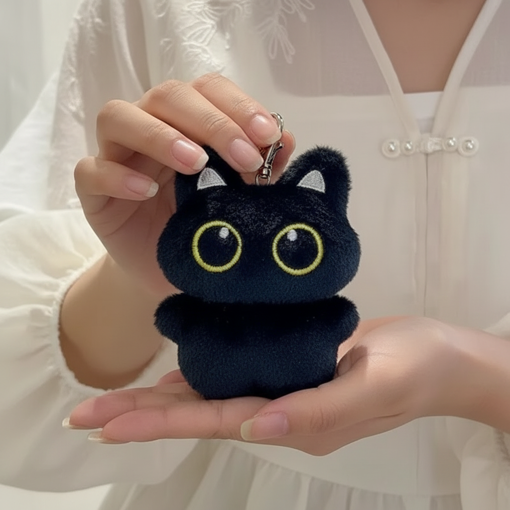 Keychain - Black Plush Cat - Bag Clip