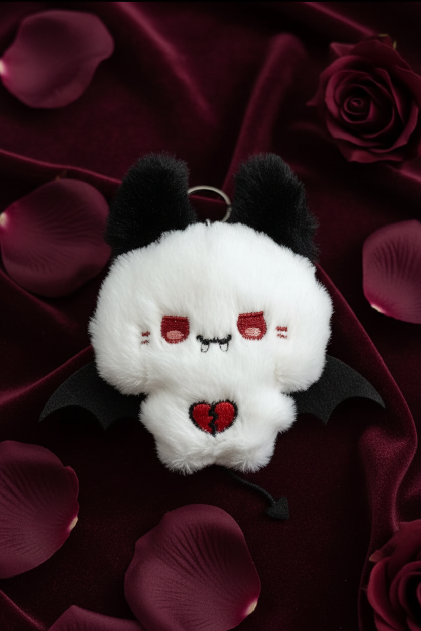Plush Keychain -White Bat with Broken Heart  - Bag Clip