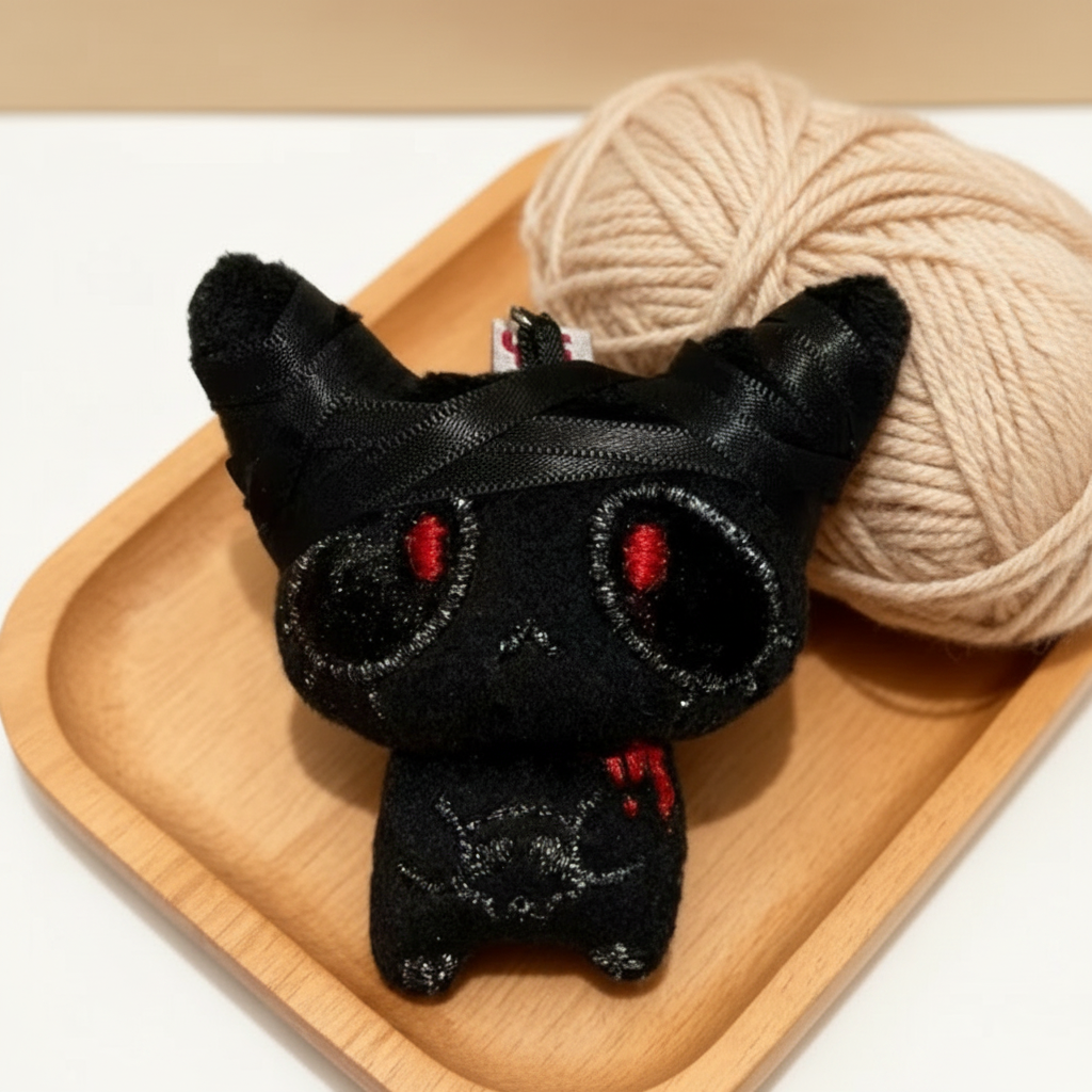 Plush Keychain -Black Zombie Cat with Black Bandages  - Bag Clip