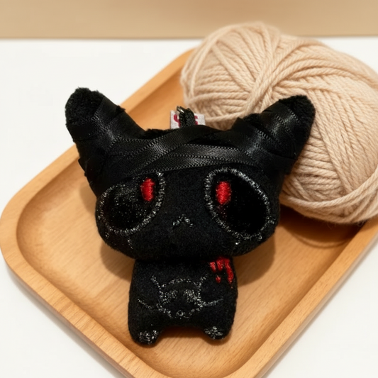 Plush Keychain -Black Zombie Cat with Black Bandages  - Bag Clip