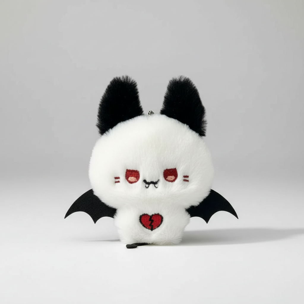 Plush Keychain -White Bat with Broken Heart  - Bag Clip