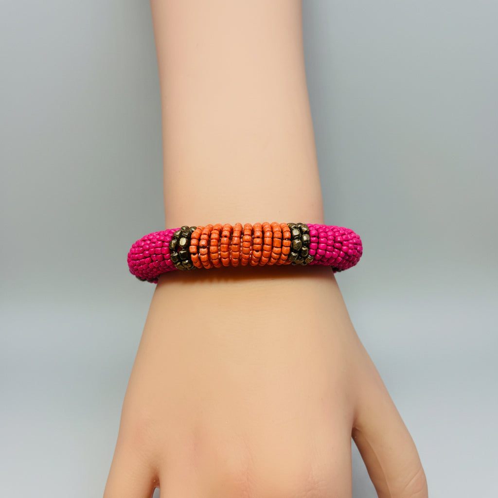 Bracelet - Vintage - Seed Beaded - Stretch - Orange & Pinks with Copper