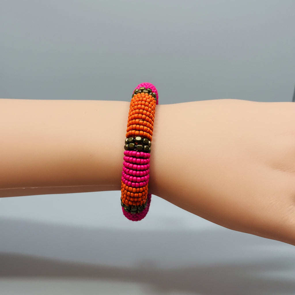 Bracelet - Vintage - Seed Beaded - Stretch - Orange & Pinks with Copper
