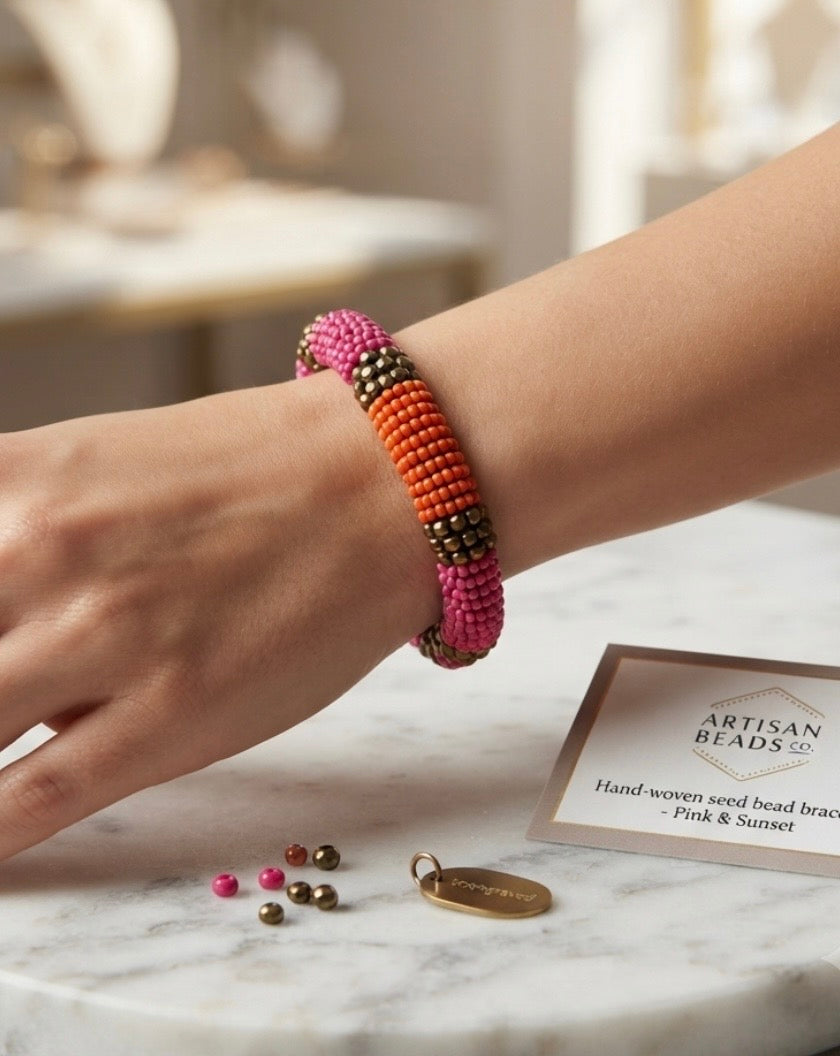 Bracelet - Vintage - Seed Beaded - Stretch - Orange & Pinks with Copper
