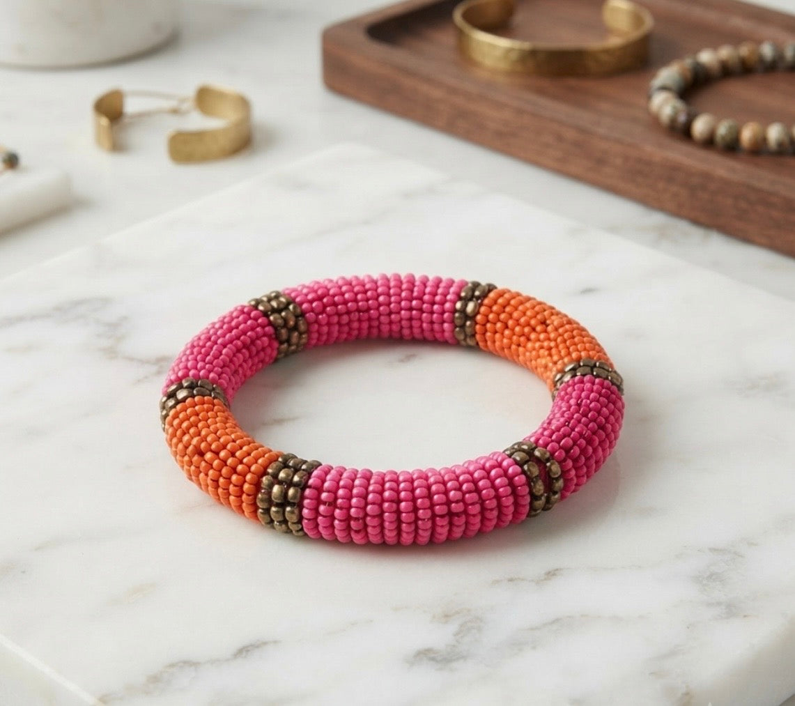 Bracelet - Vintage - Seed Beaded - Stretch - Orange & Pinks with Copper