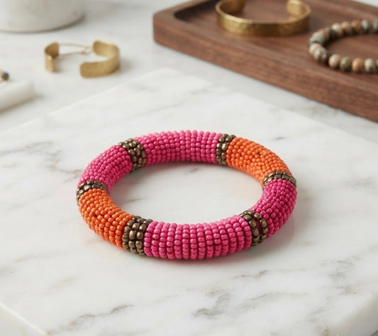 Bracelet - Vintage - Seed Beaded - Stretch - Orange & Pinks with Copper
