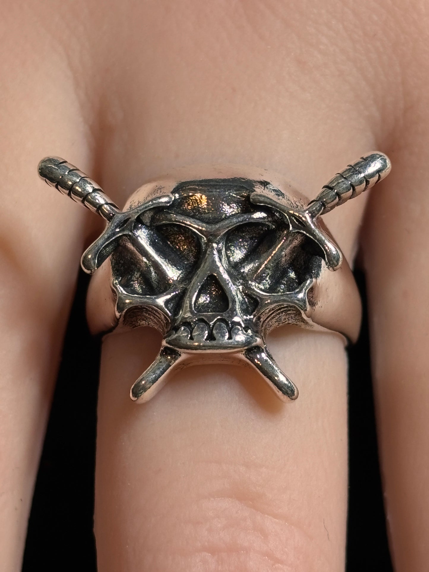 Silver Tone Skull Ring with Daggers