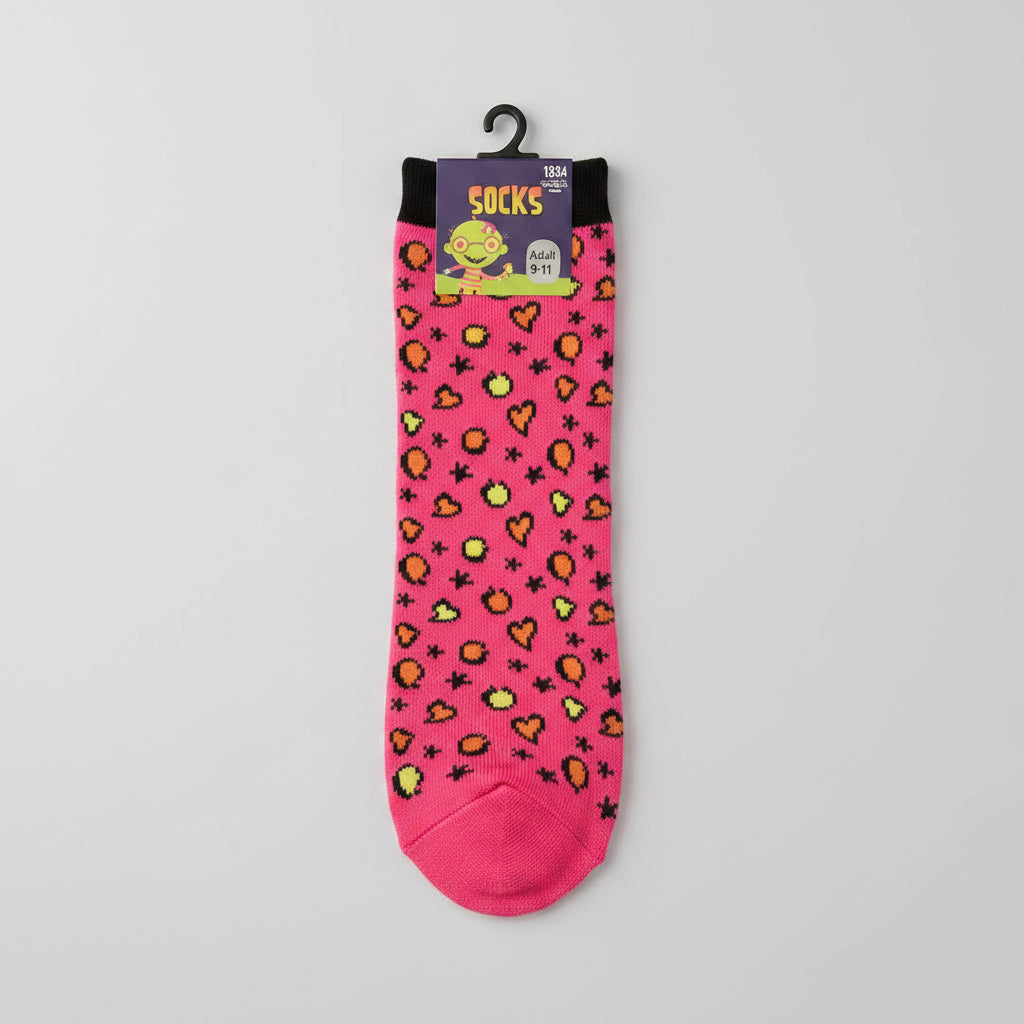Ankle Socks - Bright Pink with Orange & Yellow Hearts and Circles - Size 9-11