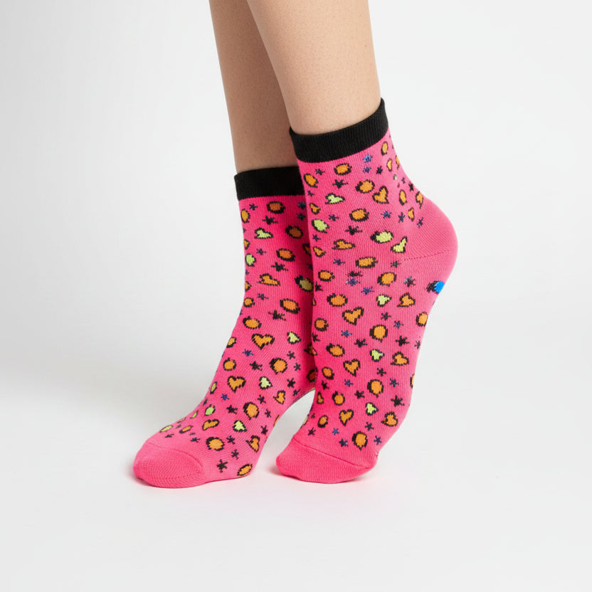 Ankle Socks - Bright Pink with Orange & Yellow Hearts and Circles - Size 9-11