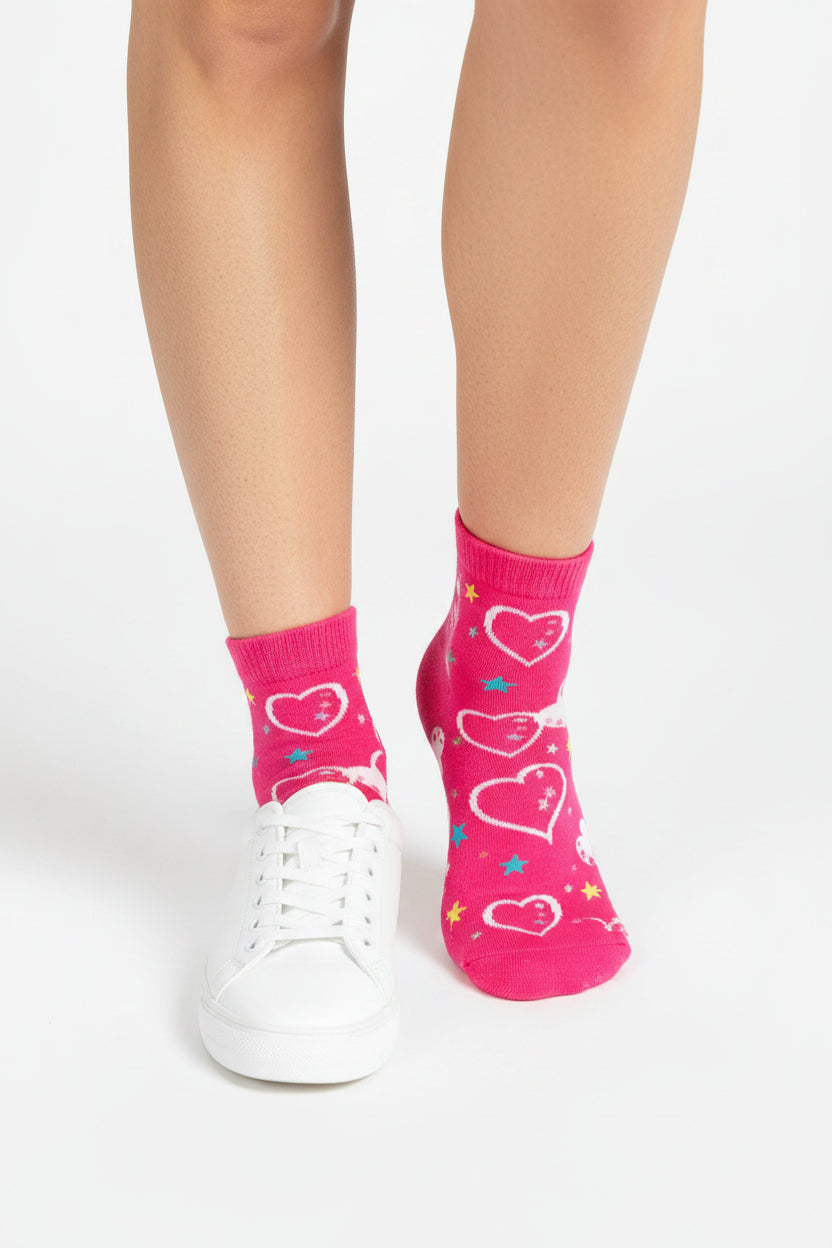 Ankle Socks - Bright Pink with White Hearts - Size 9-11