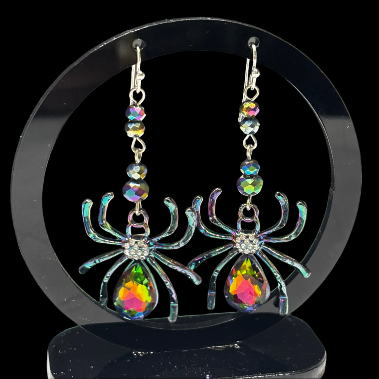 Earrings - Iridescent Rhinestone Spiders