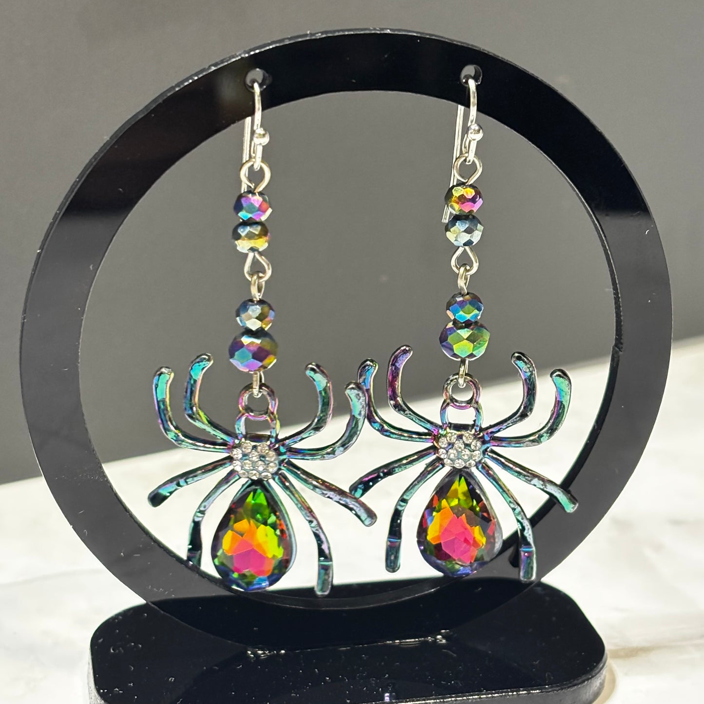 Earrings - Iridescent Rhinestone Spiders