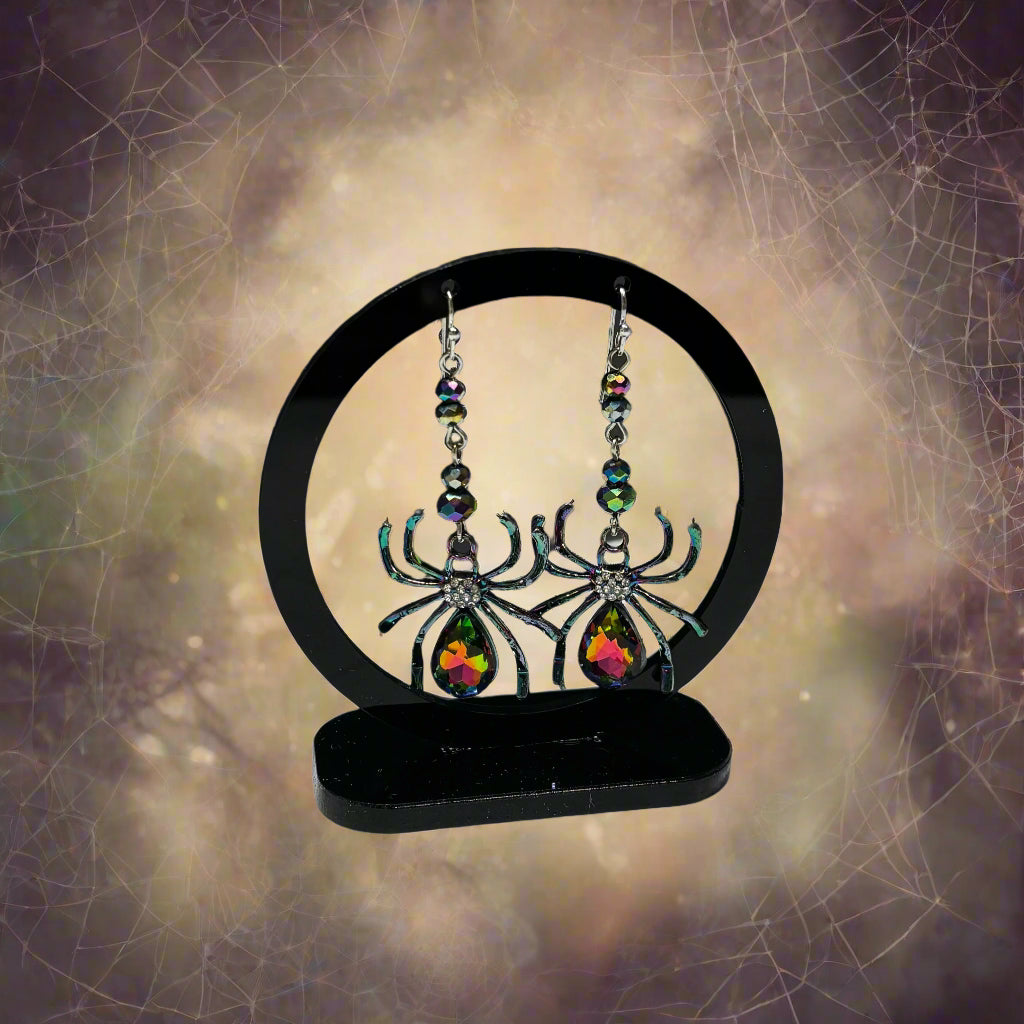 Earrings - Iridescent Rhinestone Spiders