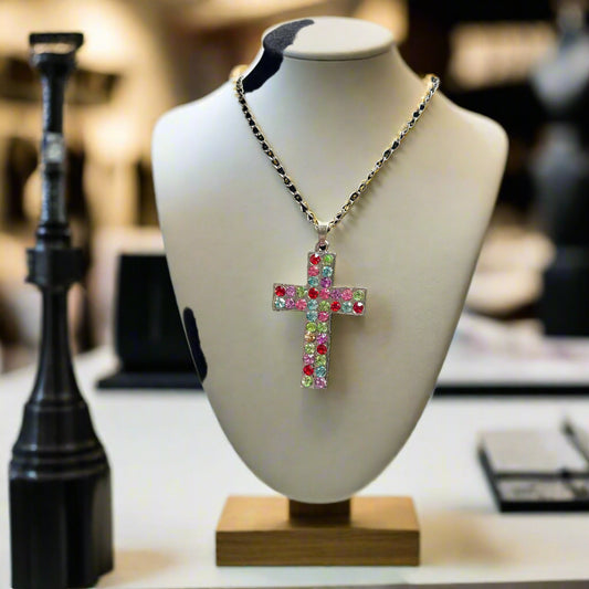 Necklace - Multi Colored Rhinestone Cross