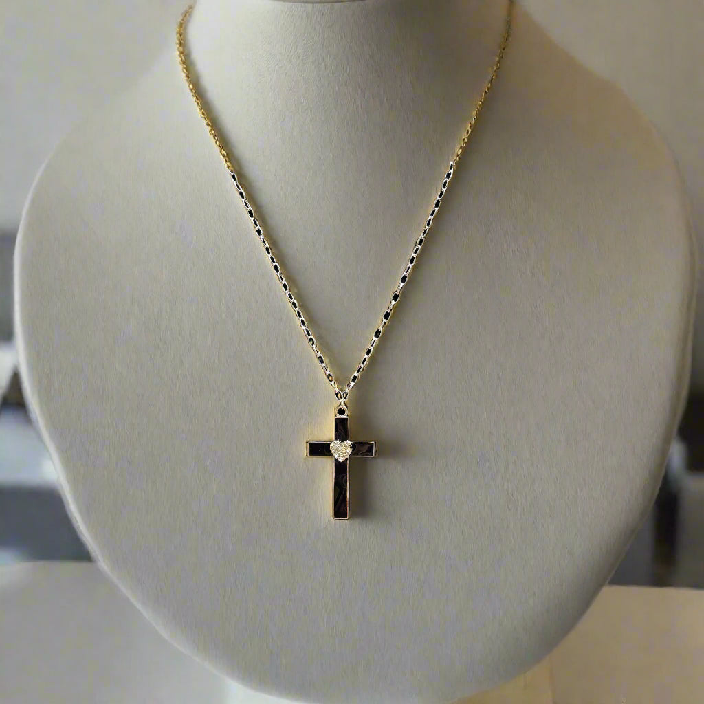 Necklace - Black Cross Pendant with Crystal Heart