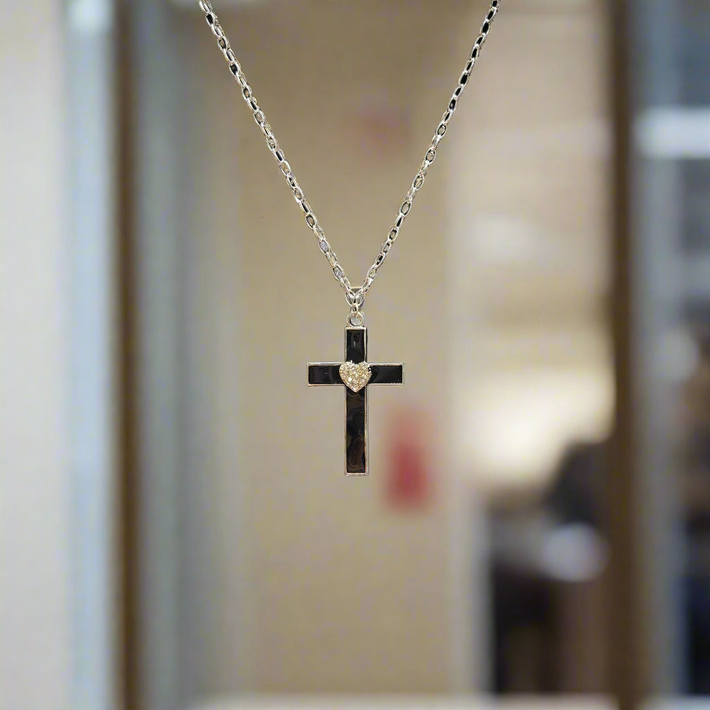 Necklace - Black Cross Pendant with Crystal Heart