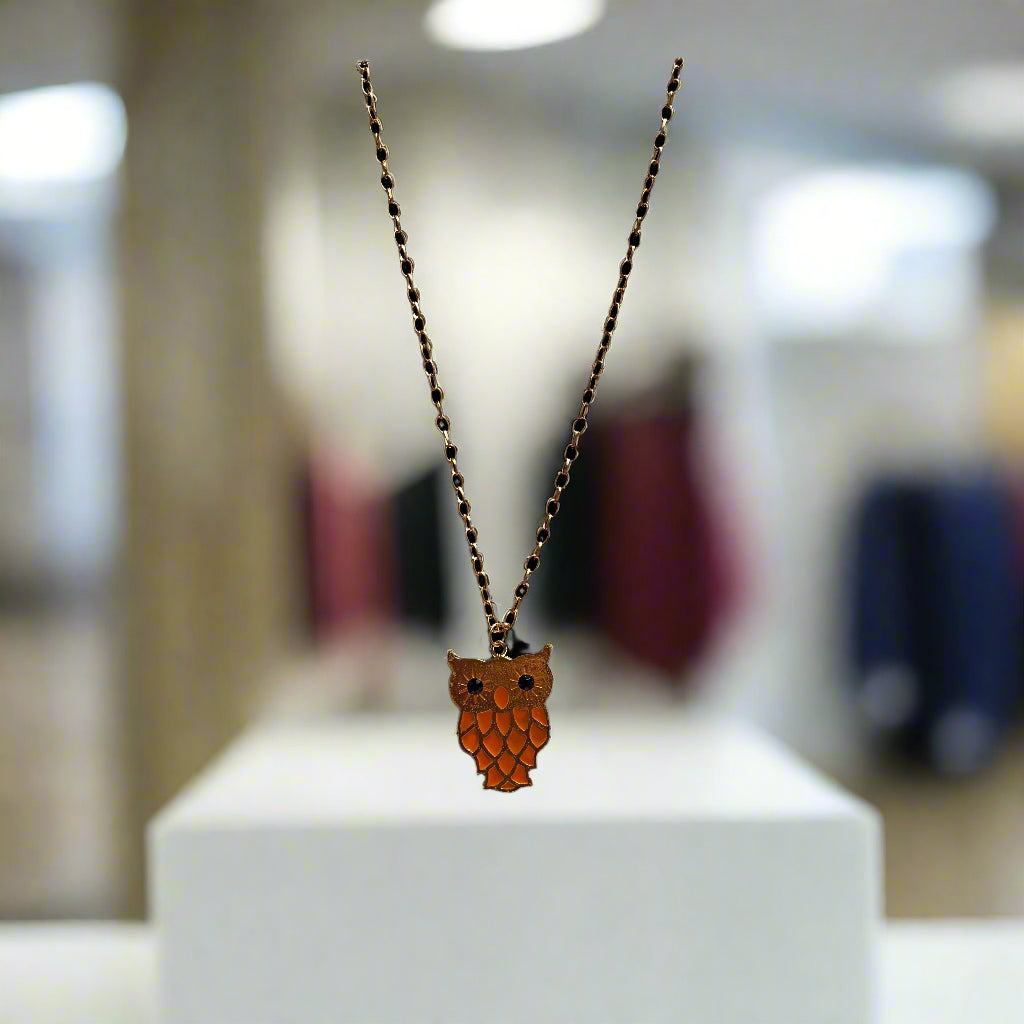 Necklace - Gold Tone Orange Owl