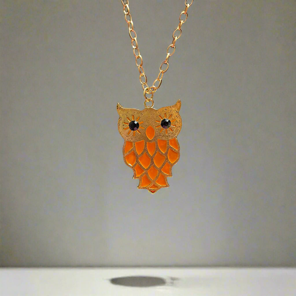 Necklace - Gold Tone Orange Owl