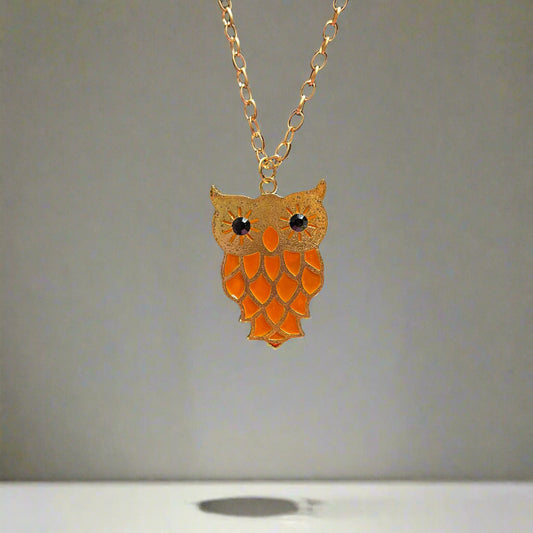 Necklace - Gold Tone Orange Owl