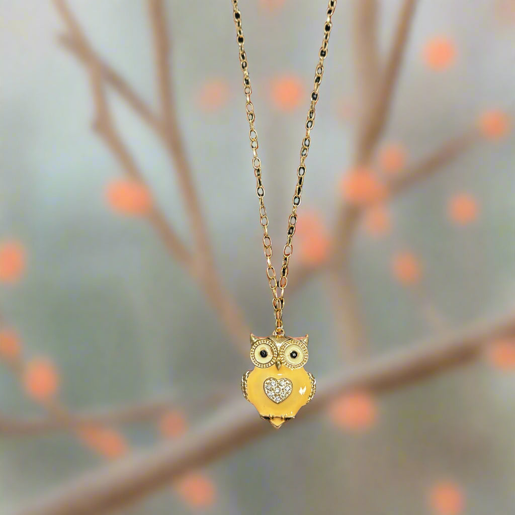 Necklace - Enamel Owl with Rhinestone Heart Center