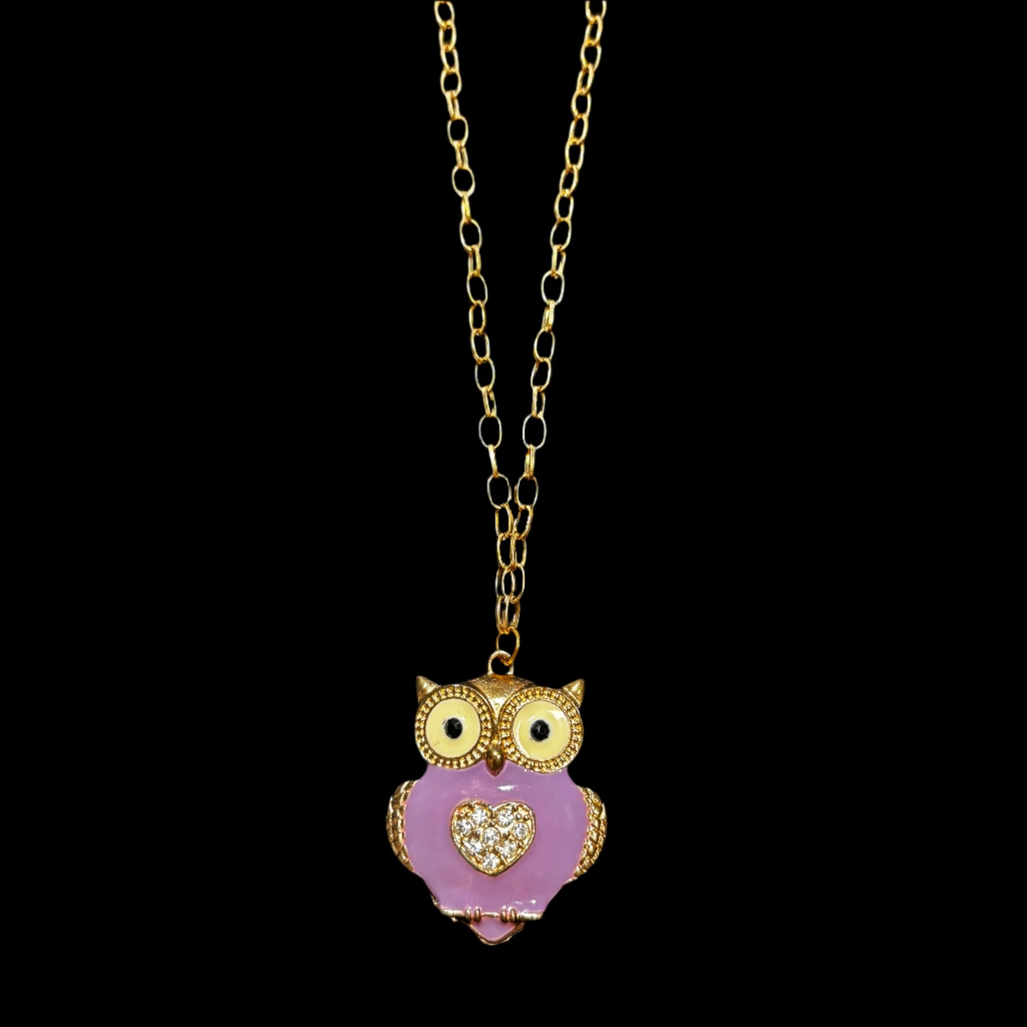 Necklace - Enamel Owl with Rhinestone Heart Center